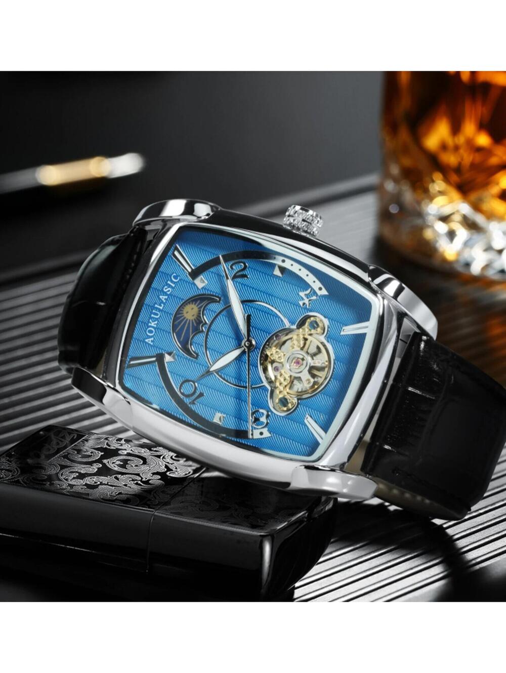 Aokulasic Men's Automatic Mechanical Watch with Blue Dial and Black Leather Band